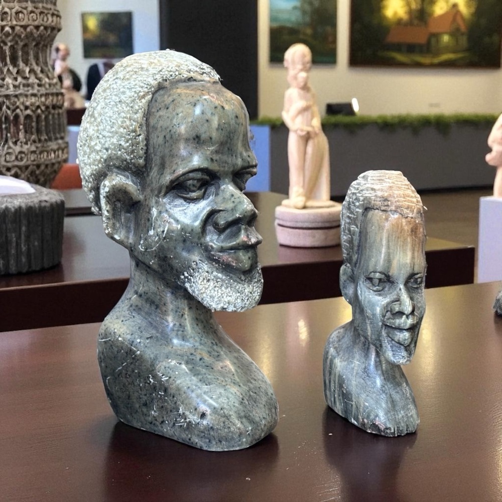 Vintage Hand-Carved Shona Stone Busts (Pair) — African Tribal Art Sculpture